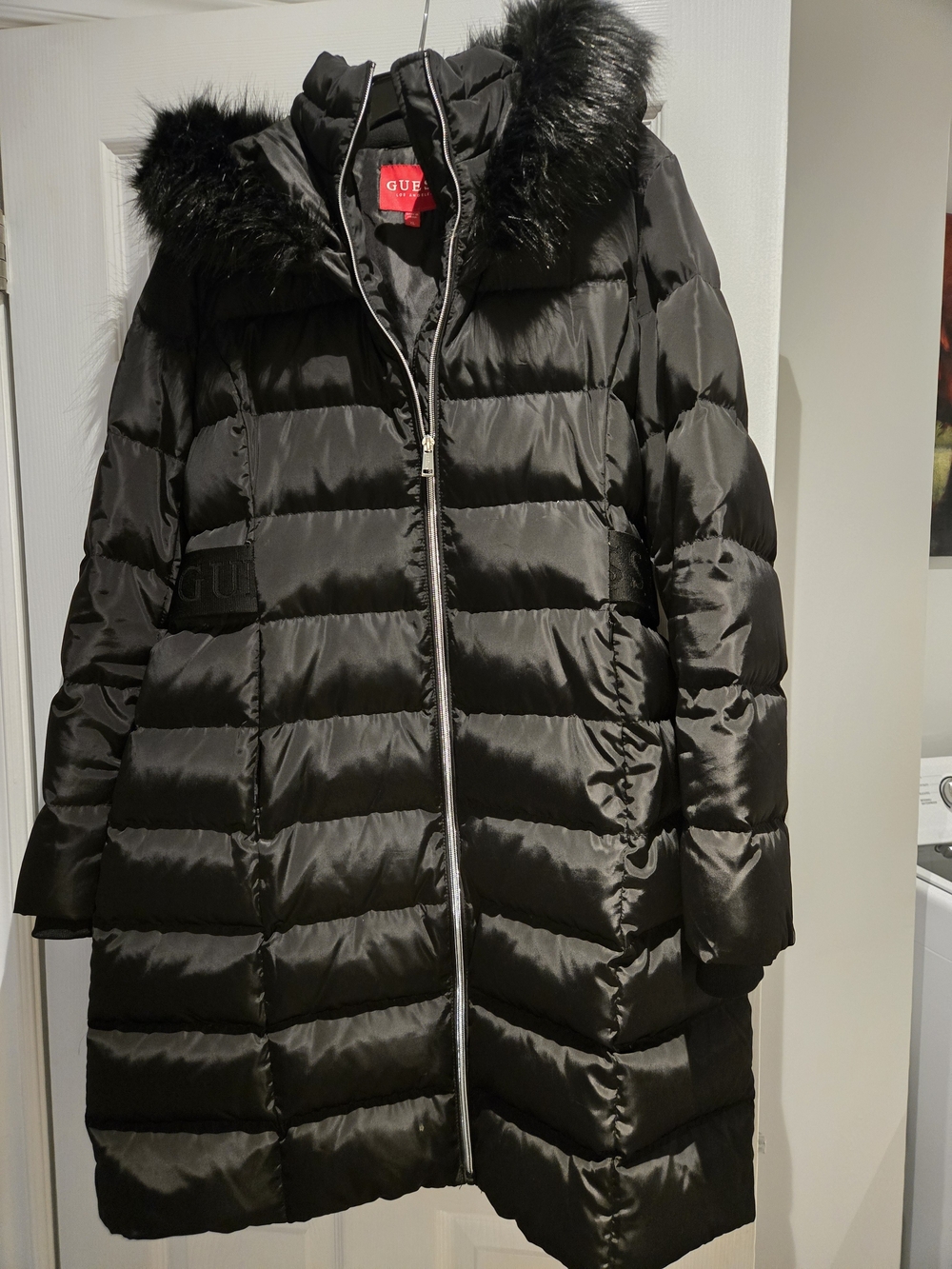 GUESS Women's Black Puffer Coat with Faux Fur Hood
